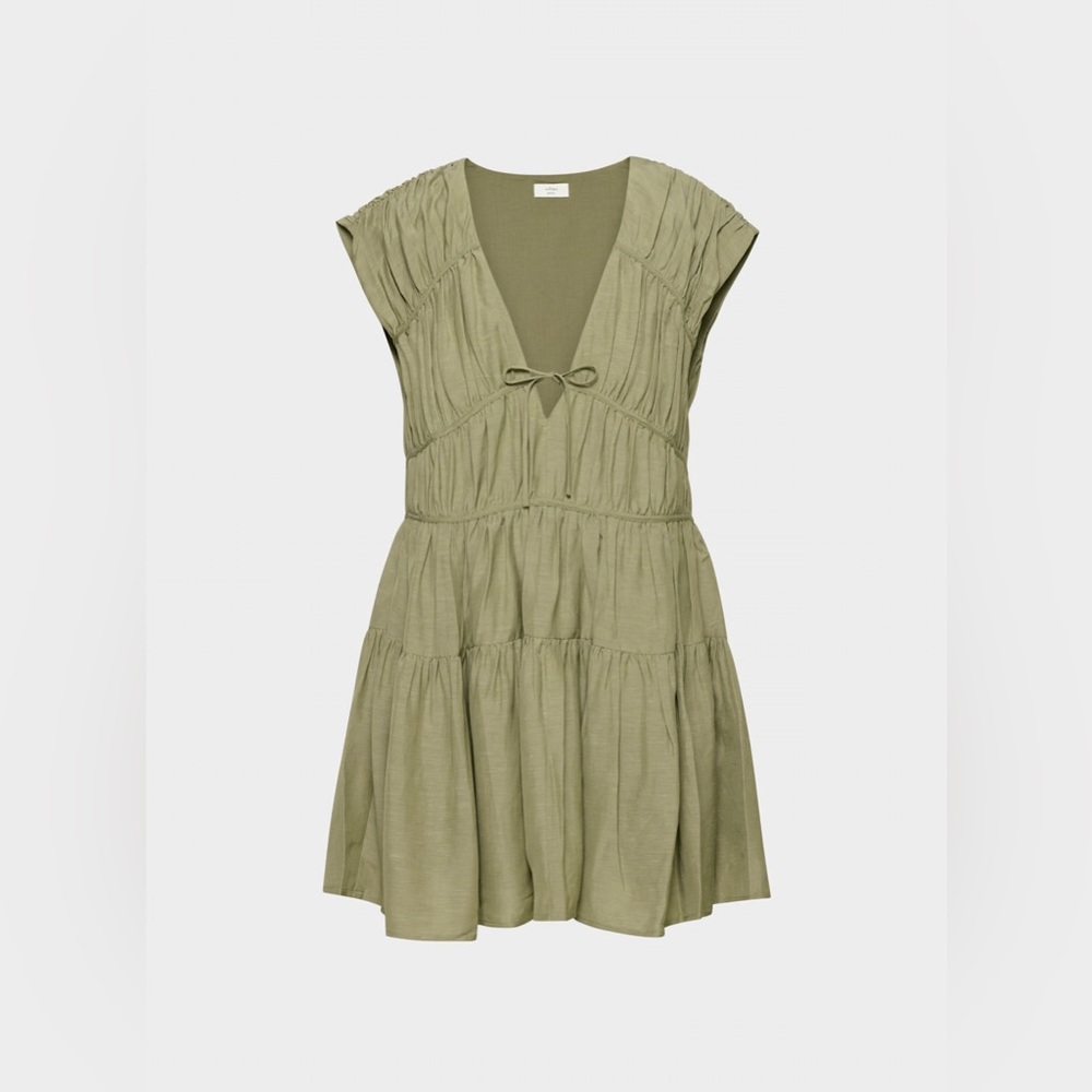 Aritzia Wilfred Hampstead Dress Womens L Green Linen V Neck Tiered Mini Slip
